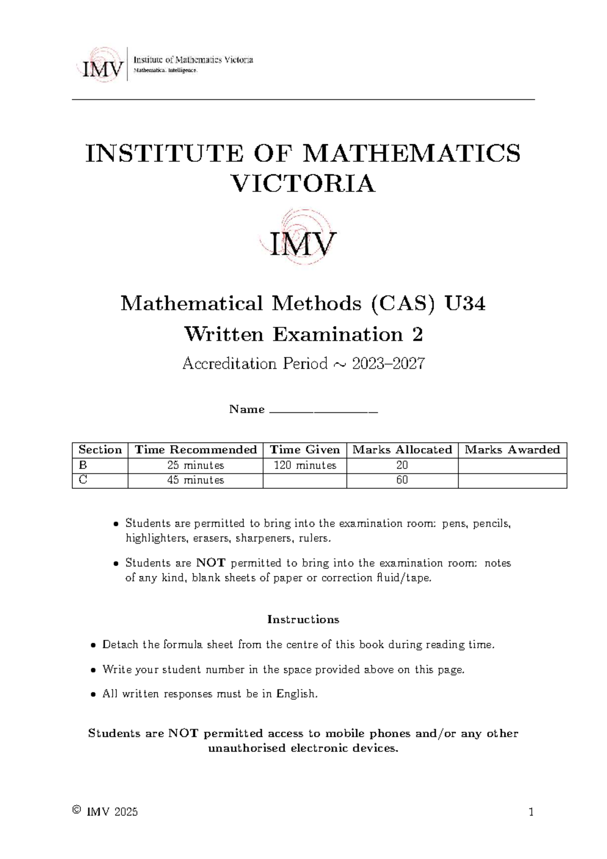 IMV 2025 Mathematical Methods (CAS) Exam 2 Practice Questions - Document Preview