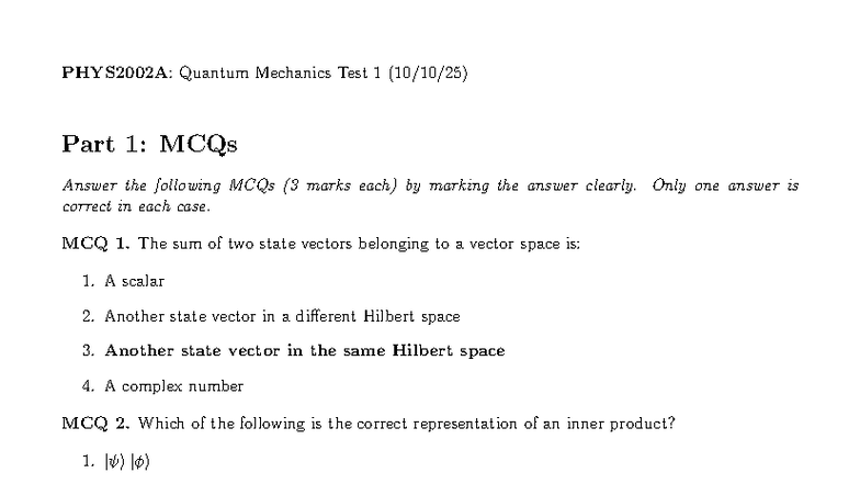 PHYS2002A: Quantum Mechanics Test 1 Solutions and MCQs Analysis - Studocu