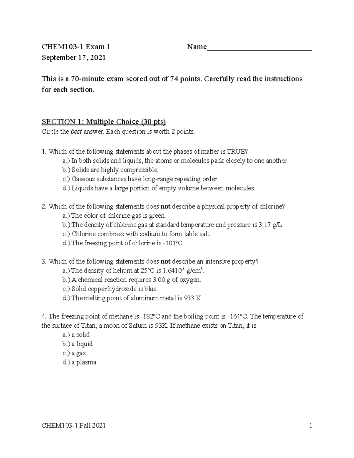 CHEM103-1 Exam 1 F21 - Practice Questions and Solutions Guide - Studocu