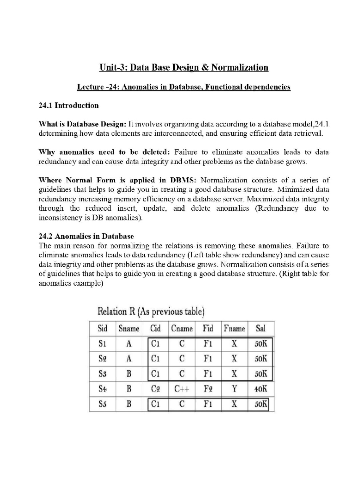 Updated DBMS Unit 3 - Lecture Notes on Normalization and Functional ...