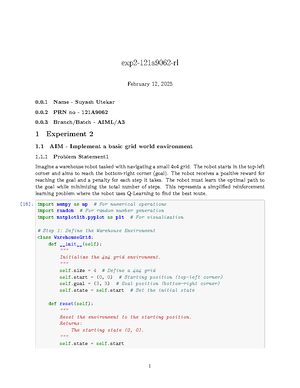 Exp1 - Implementing a Simple RL Environment and Agent Training - Studocu