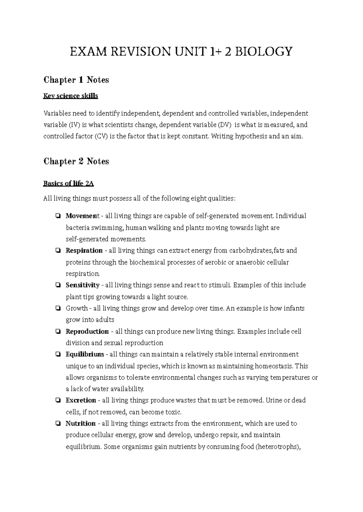 U1 Bio Exam revision - VCE Unit 1 (semester 1) study notes/ summaries ...