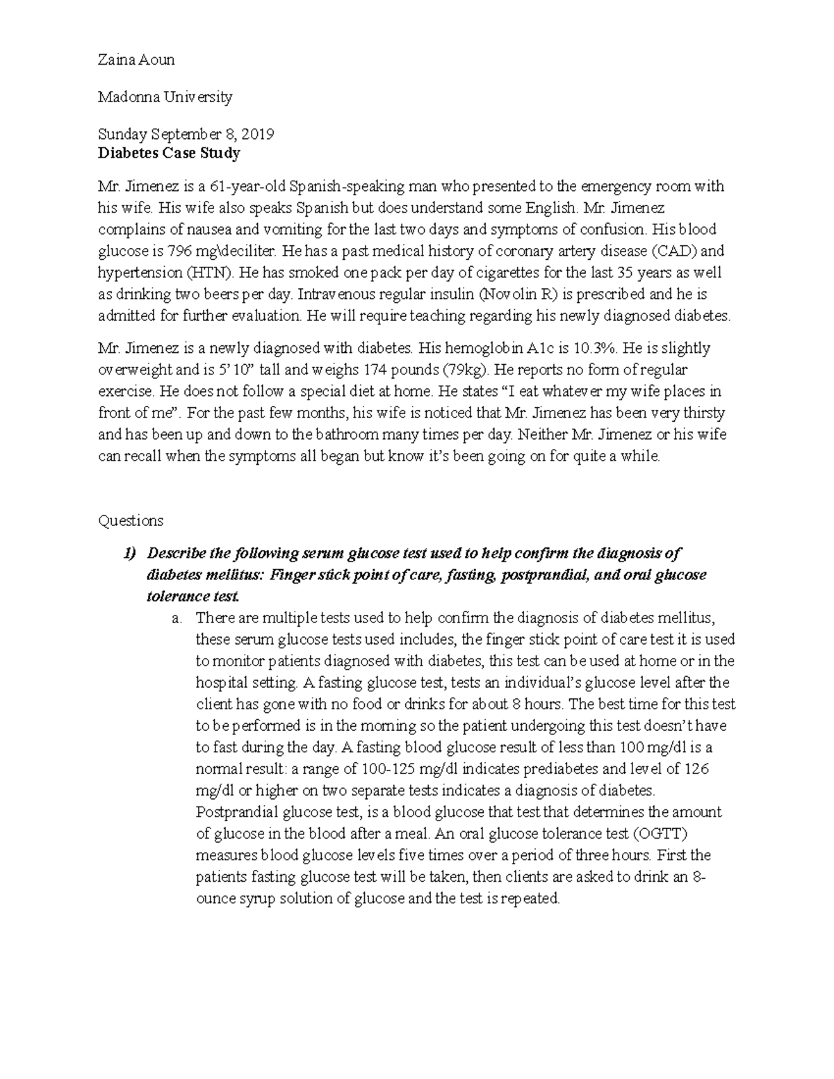 Diabetes Case Study - Mr. Jimenez's Diagnosis and Management (NUR 203 ...