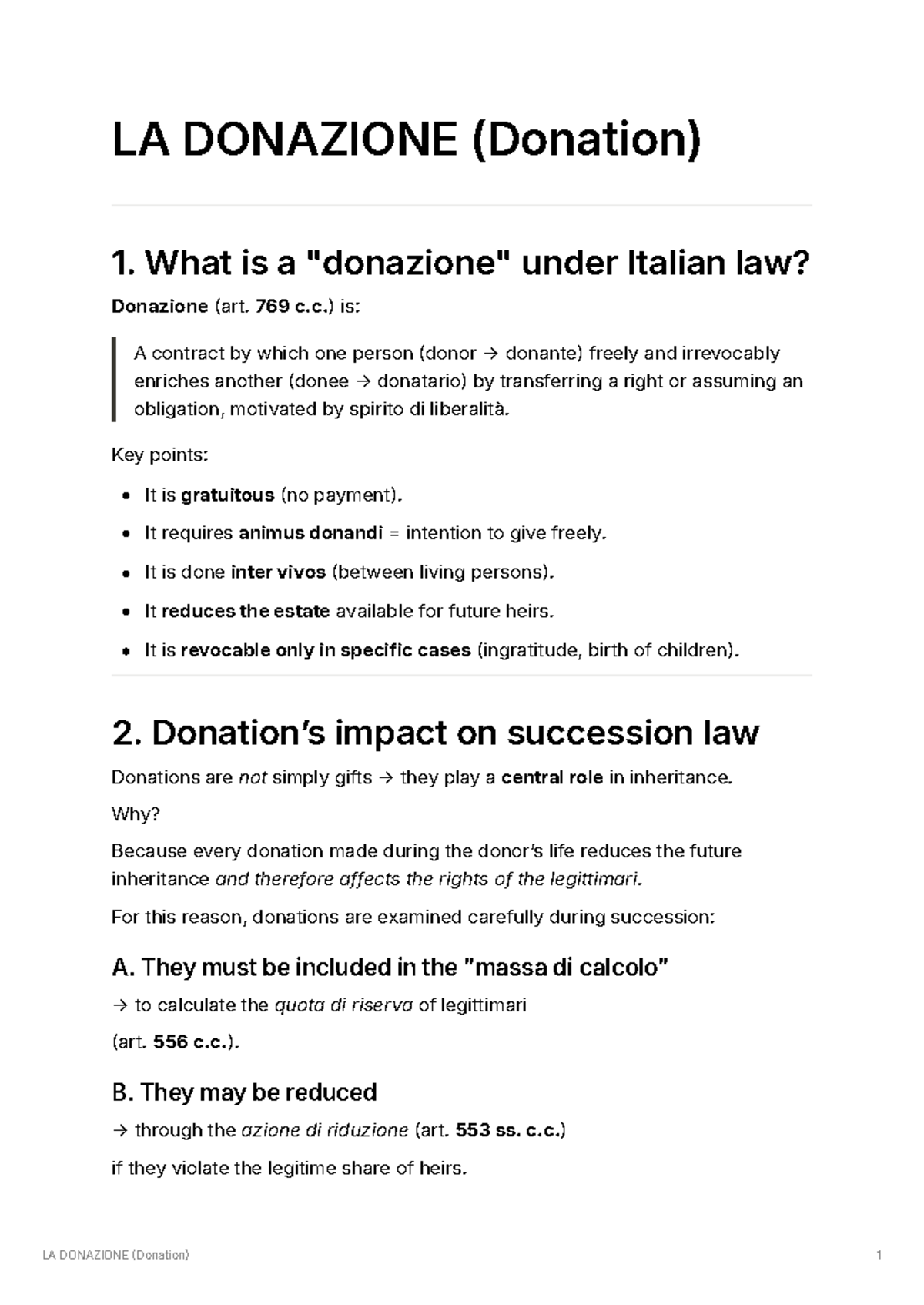 LA DONAZIONE (Donation) - Key Aspects and Legal Implications - Studocu
