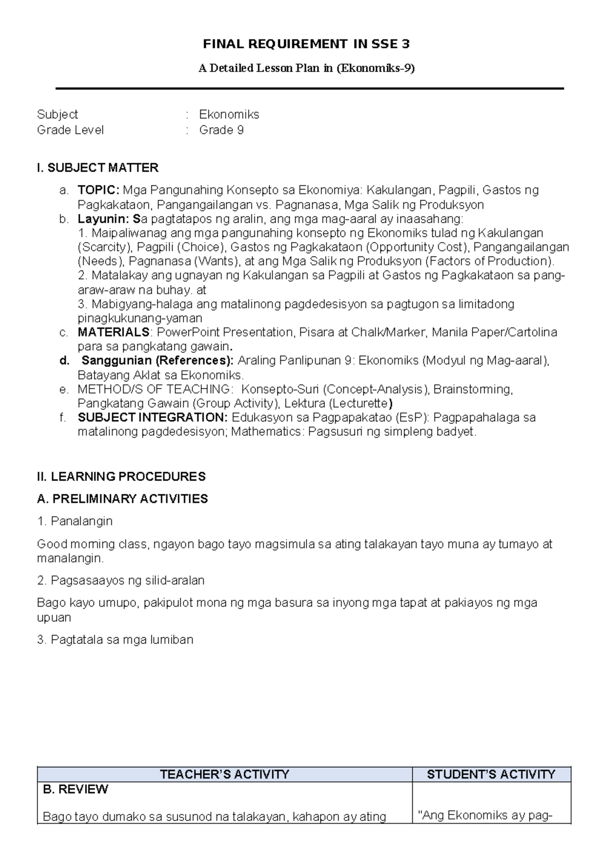 Final Requirement in SSE 113: Detailed Lesson Plan on Ekonomiks for ...