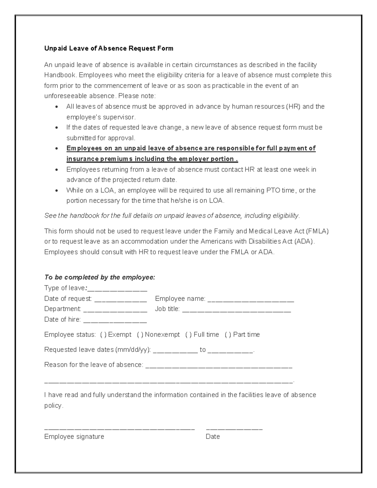 Unpaid Leave of Absence Request Form (HR-111111) - Studocu