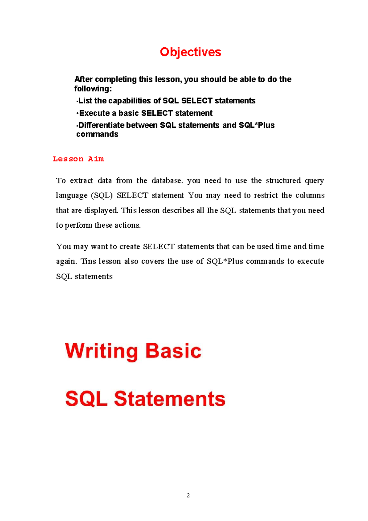 Basic SQL SELECT Statements - Lesson o999o - Studocu