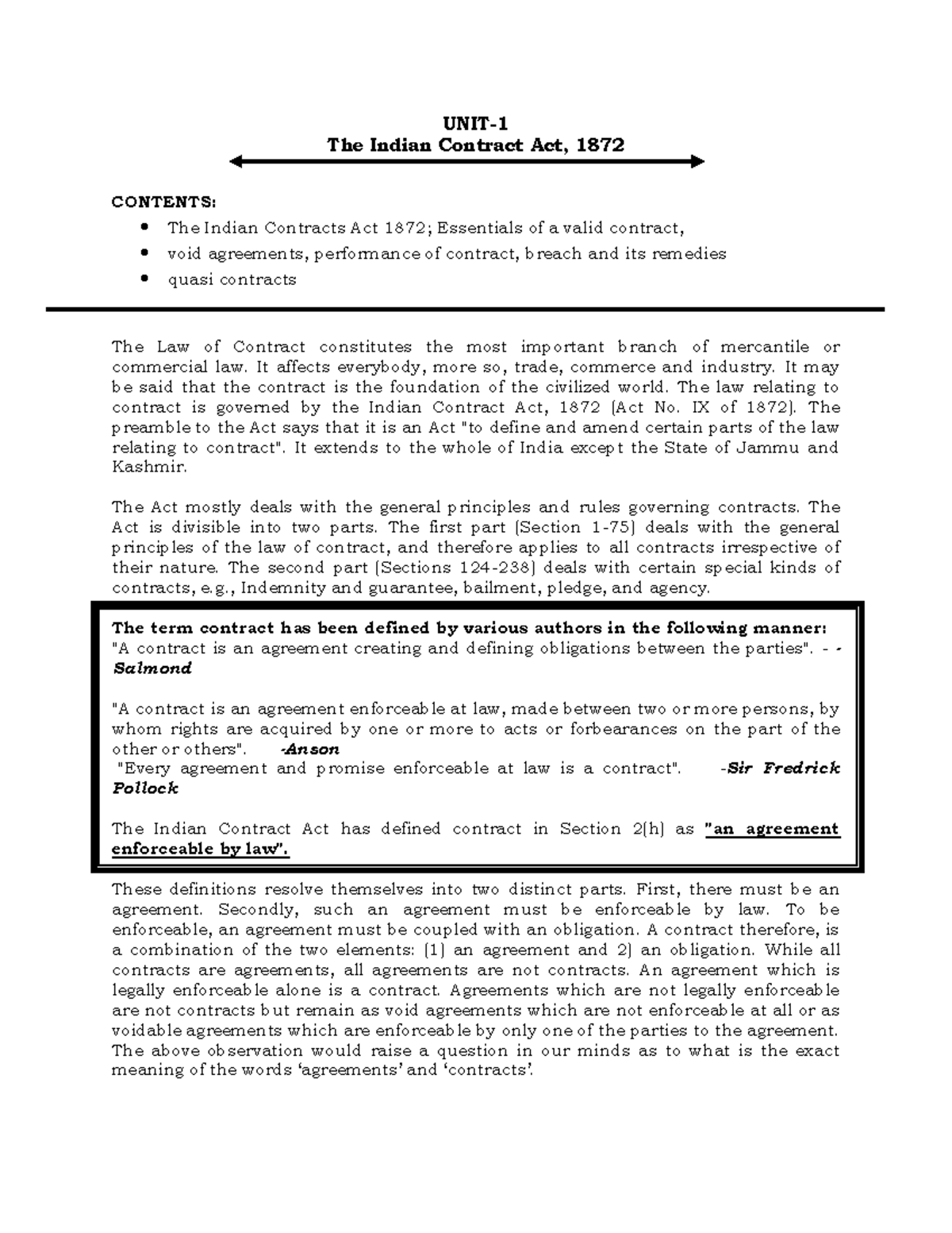 Indian Contract Act 1872 - Key Concepts and Notes - Studocu