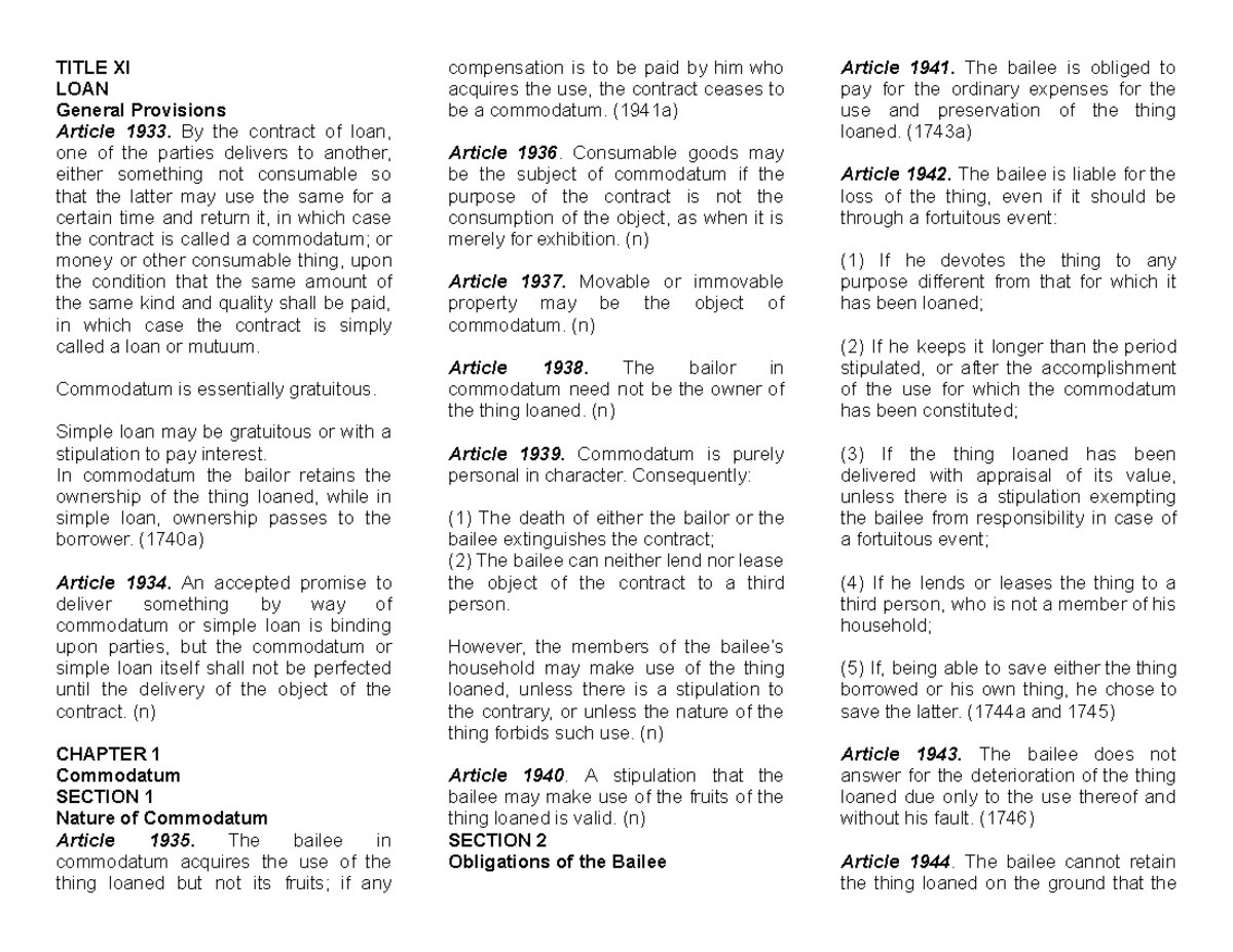 TITLE XI LOAN: General Provisions on Commodatum and Simple Loan - Studocu