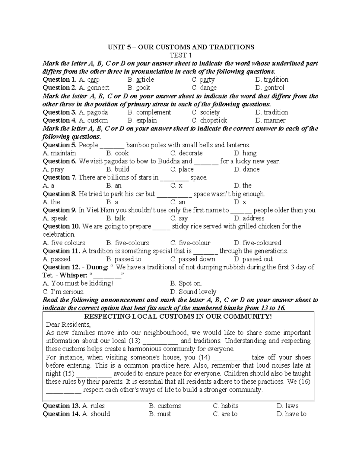 UNIT 5: OUR CUSTOMS AND TRADITIONS TEST 1 - Studocu