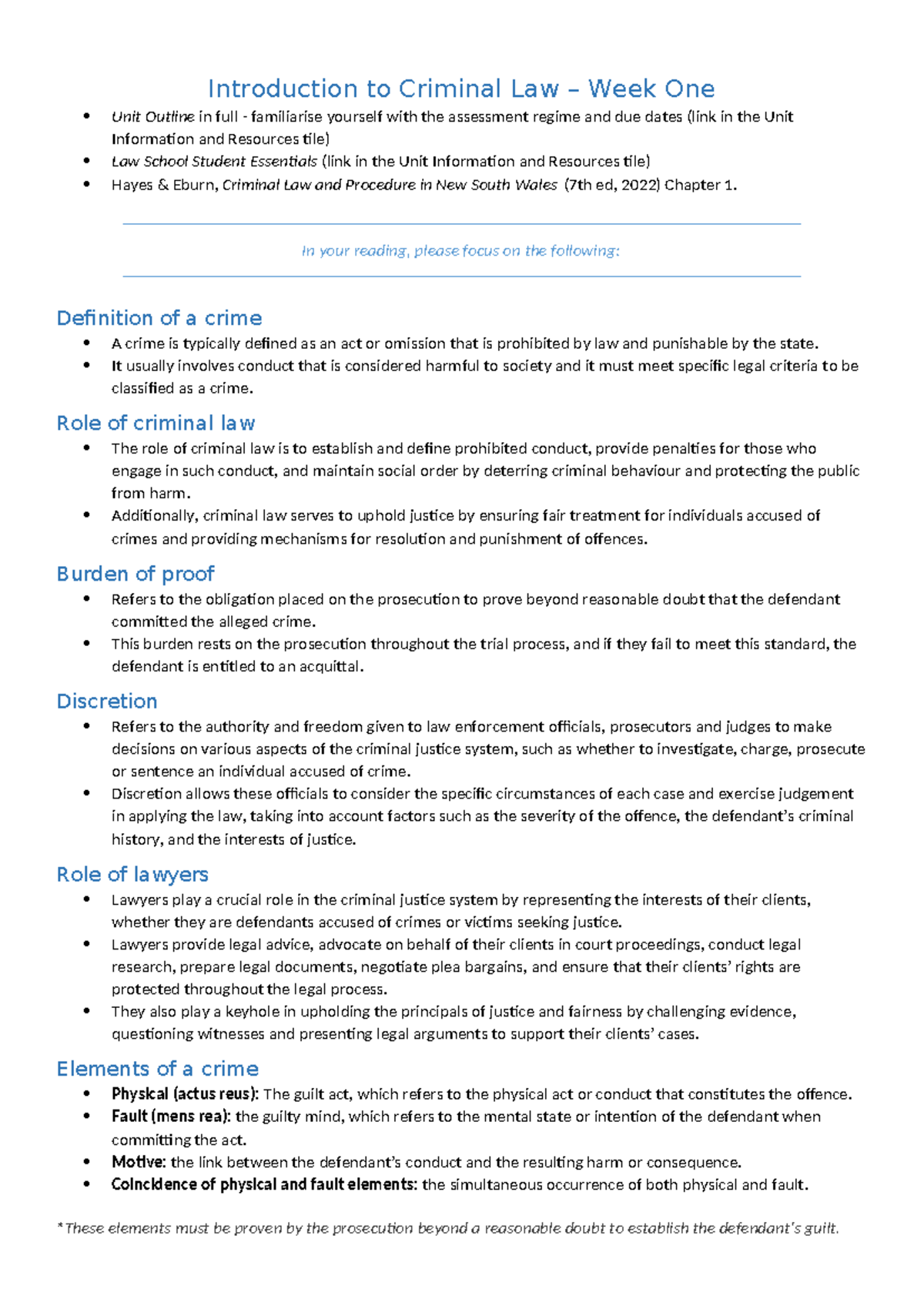 Learning Outcomes for Introduction to Criminal Law (Topic 1) - Studocu
