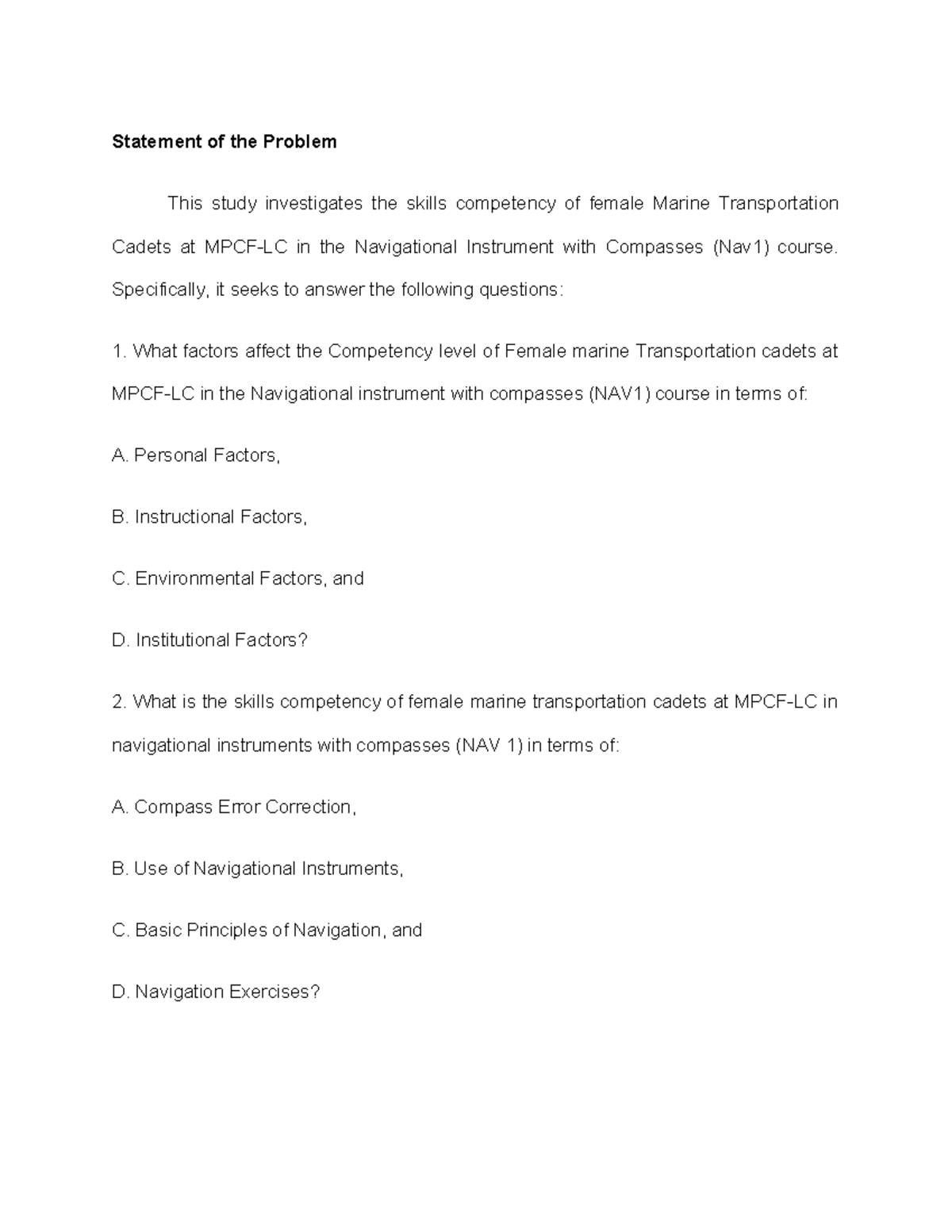 Statement of the Problem: Skills Competency of Female Marine Cadets in ...