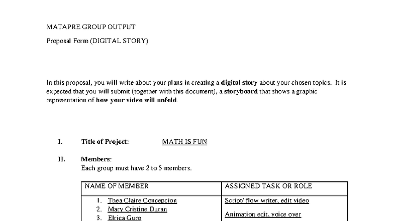 MATAPRE GROUP OUTPUT Proposal: Digital Story on Math Topics - Studocu