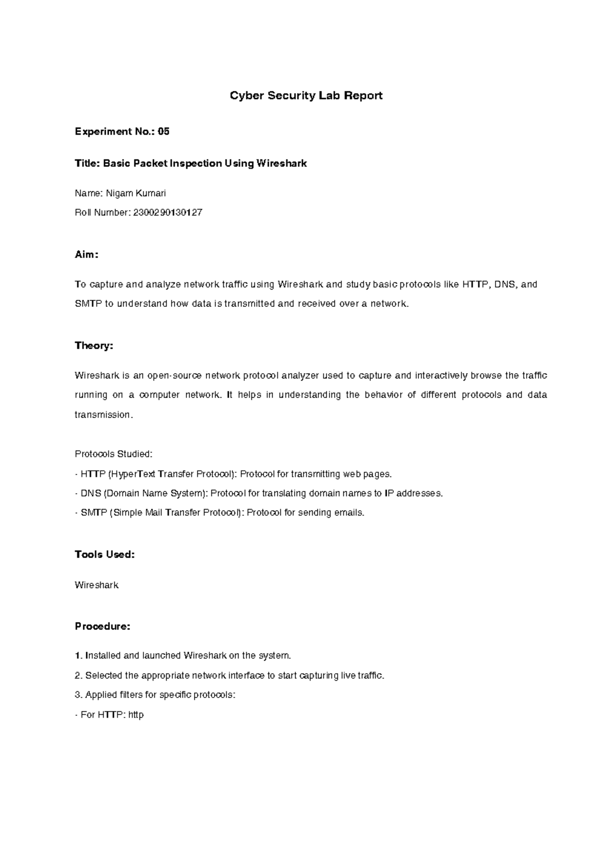 Cyber Security Lab Report: Basic Packet Inspection with Wireshark - Studocu