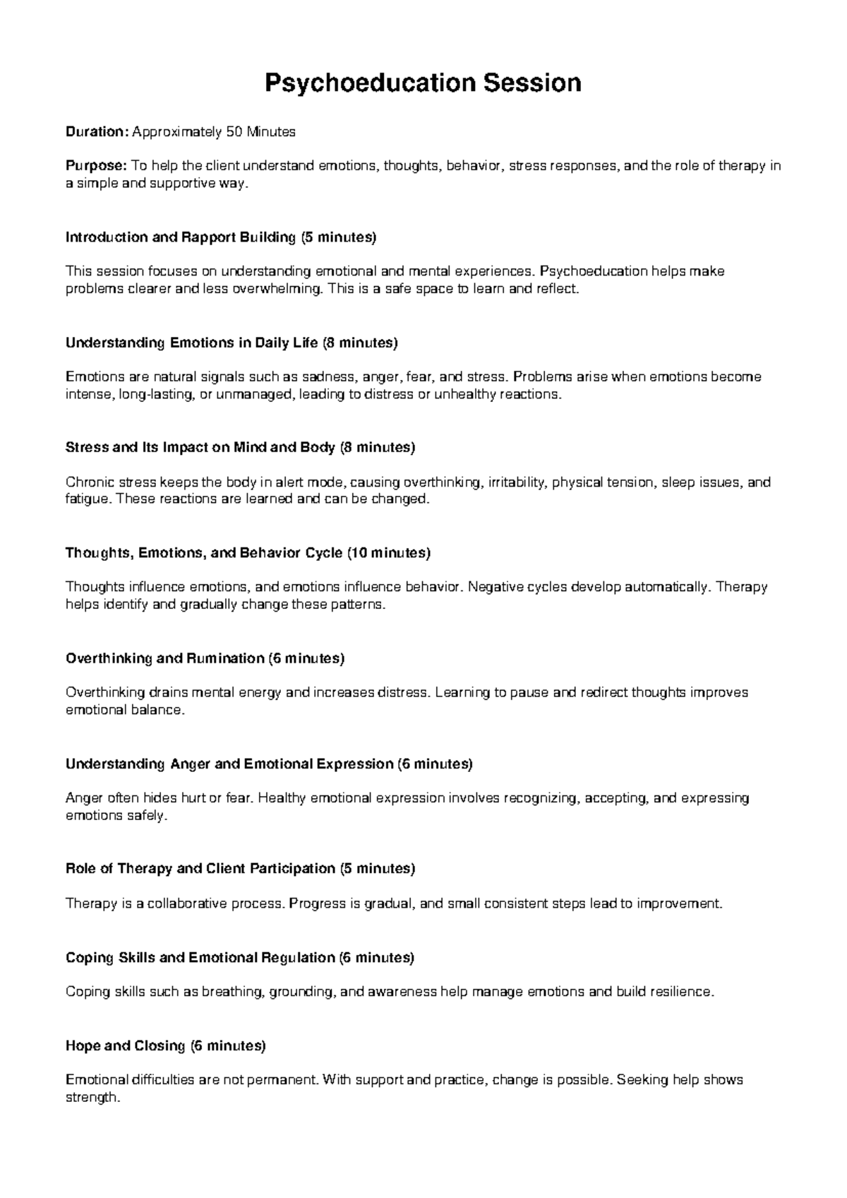 50-Minute Psychoeducation Session Overview and Key Insights - Studocu