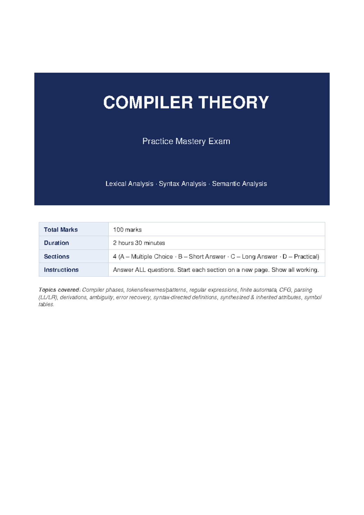 COMPILER THEORY COMP 101 Final Exam: Lexical, Syntax & Semantic ...
