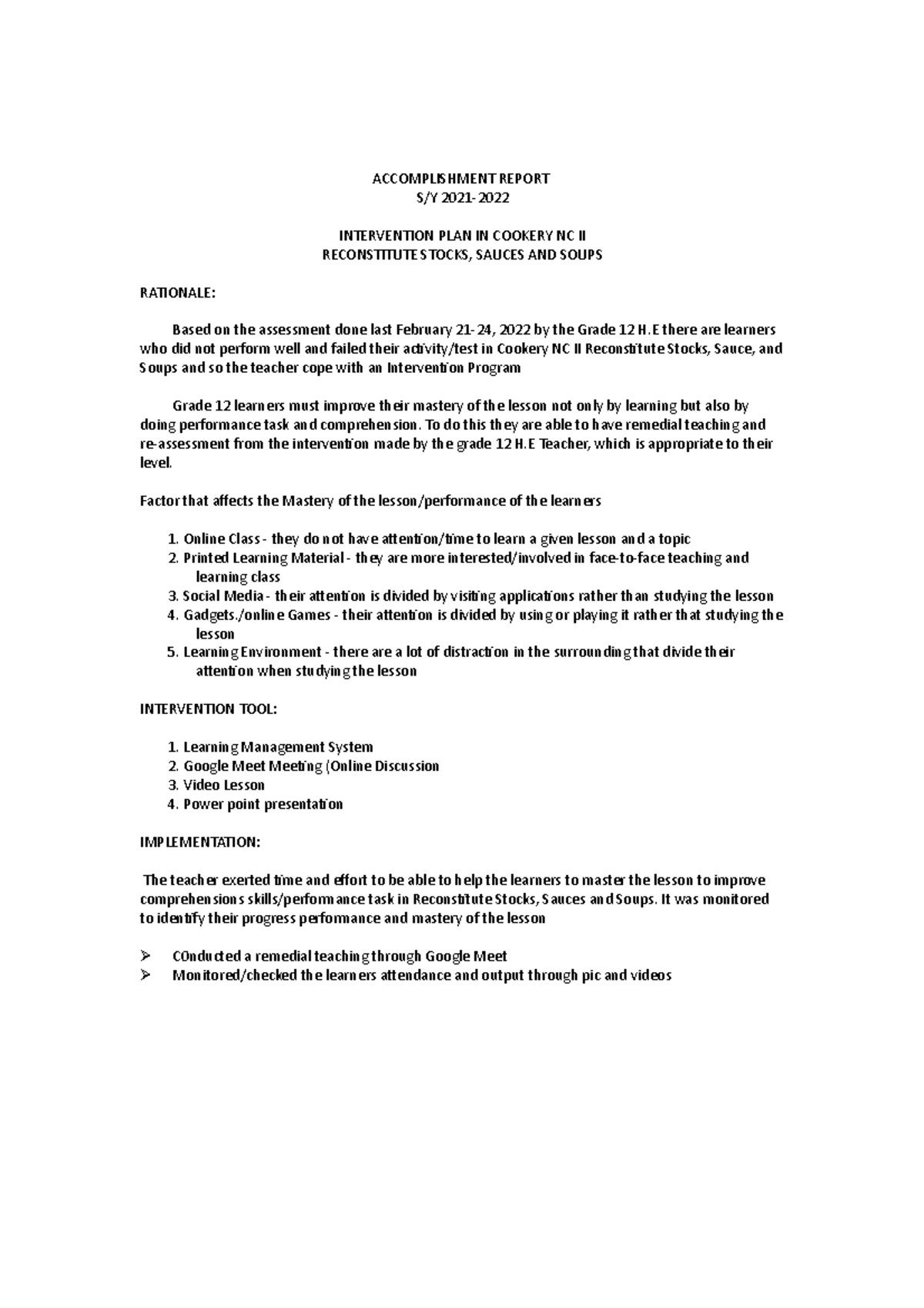 Accomplishment Report for Intervention Plan in Cookery NC II - Studocu