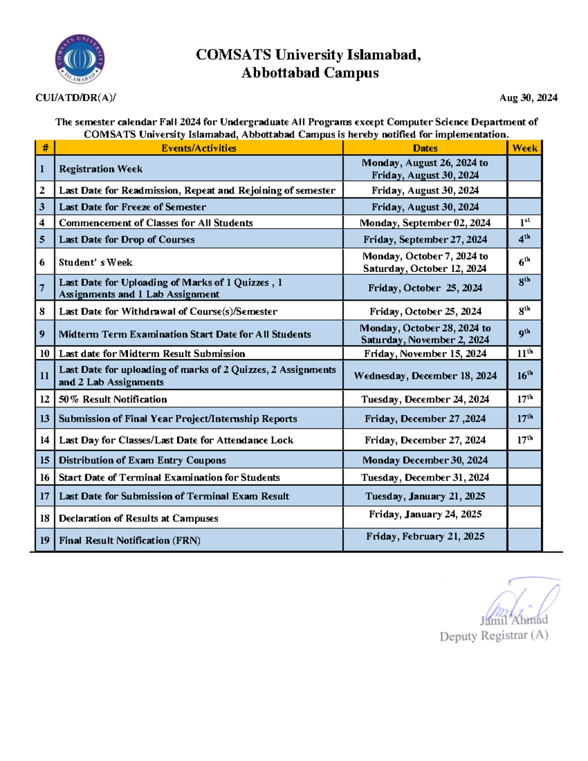 FA24 Semester Schedule for Undergraduate Programs - CUI Abbottabad ...