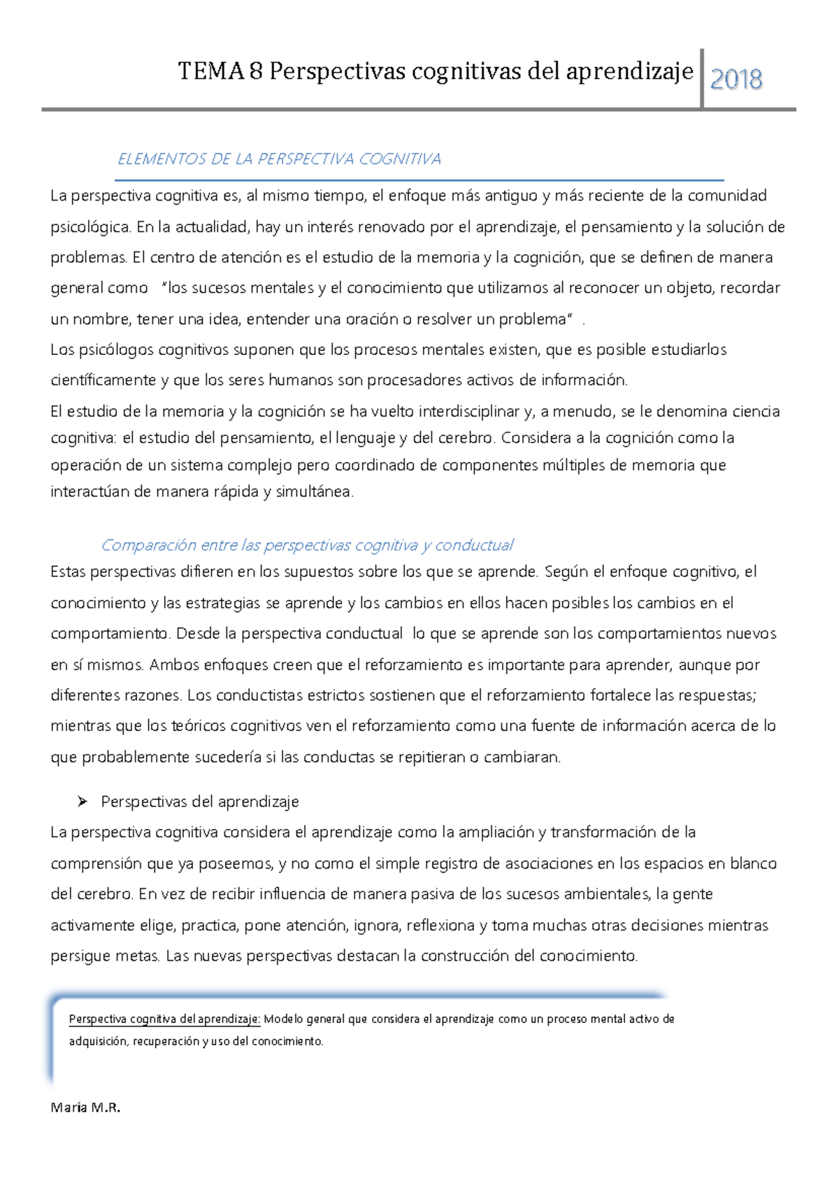 Tema 8: Perspectivas Cognitivas del Aprendizaje y su Aplicación - Studocu