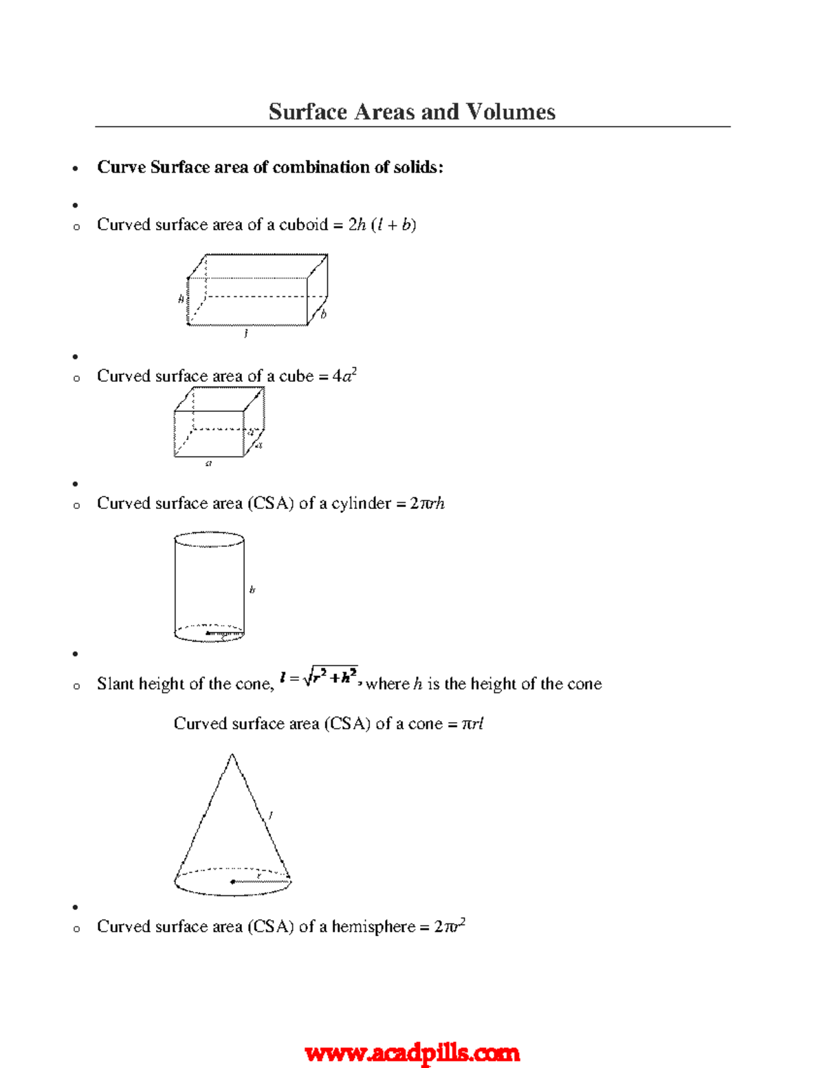 Surface Area and Volume Formulas for Solids - Math Help - Studocu