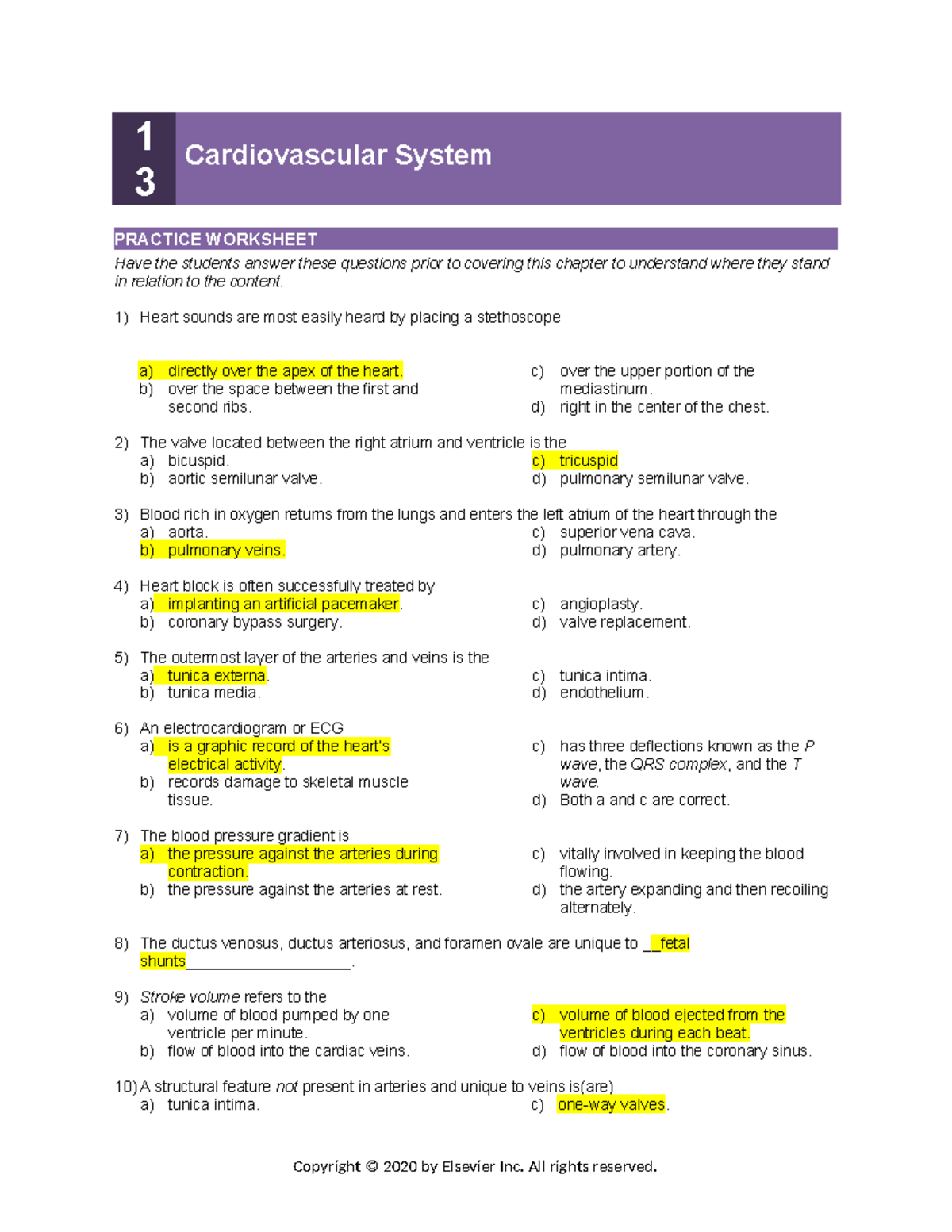 Cardiovascular System Practice Worksheet - Chapter 13 Review - Studocu