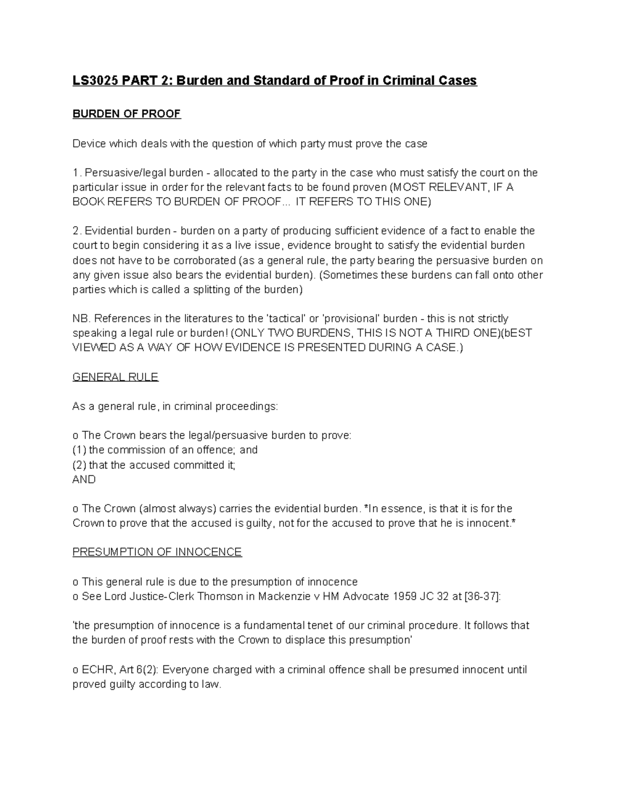 LS3025 PART 2: Burden and Standard of Proof in Criminal Evidence - Studocu