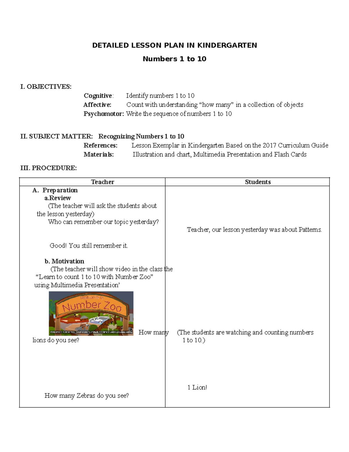 Detailed Lesson Plan in Kindergarten: Numbers 1 to 10 - Studocu
