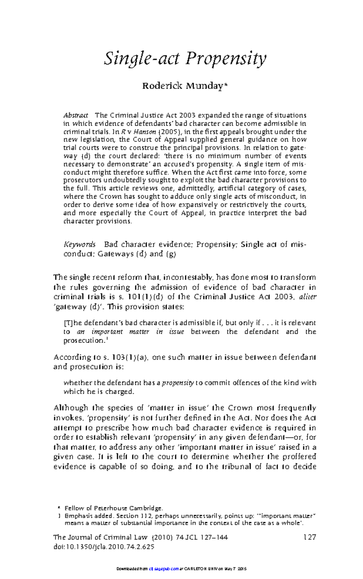 Single-act Propensity in Criminal Trials: Analyzing Bad Character ...
