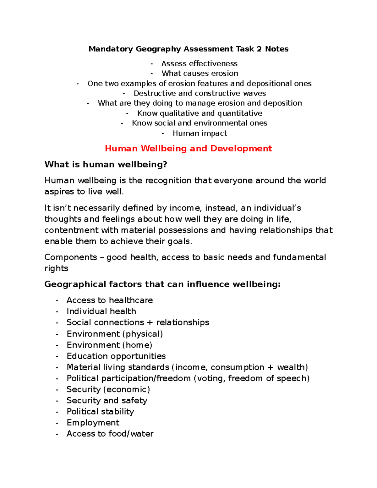 AT2 Geography Notes: Erosion, Wellbeing & Environmental Impact - Studocu