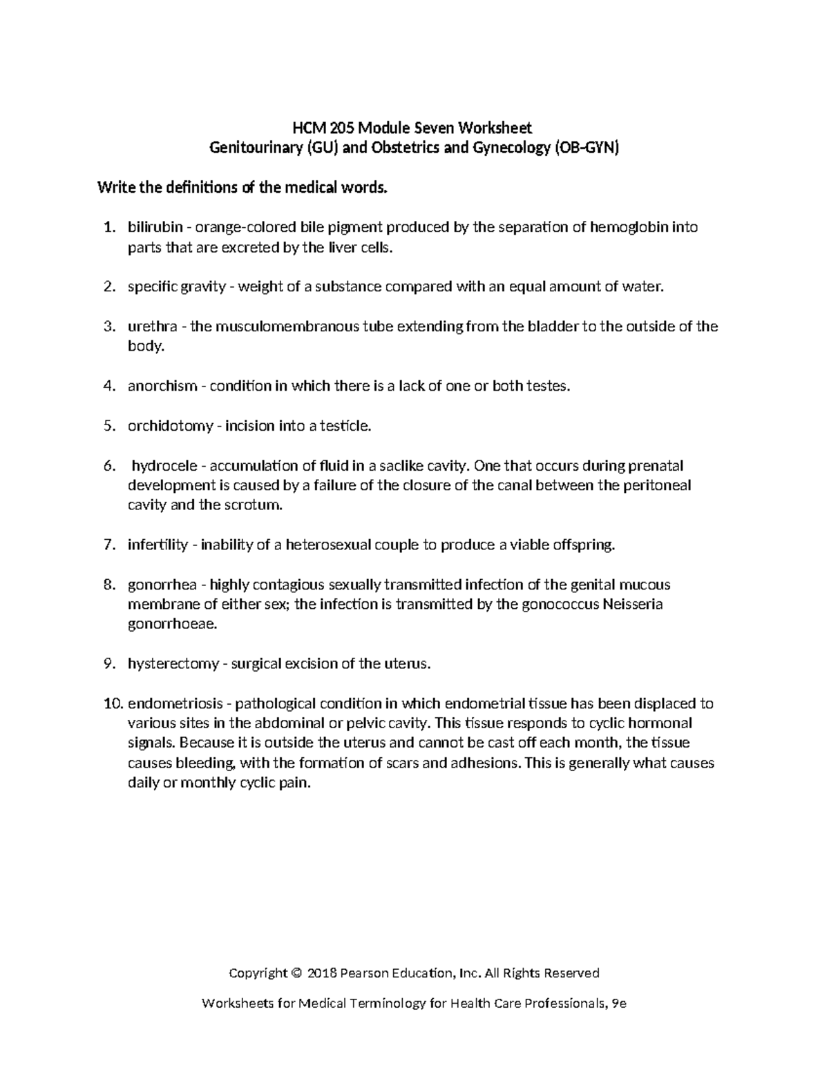 HCM 205 Module 7 Worksheet: GU & OB-GYN Medical Terms Definitions - Studocu