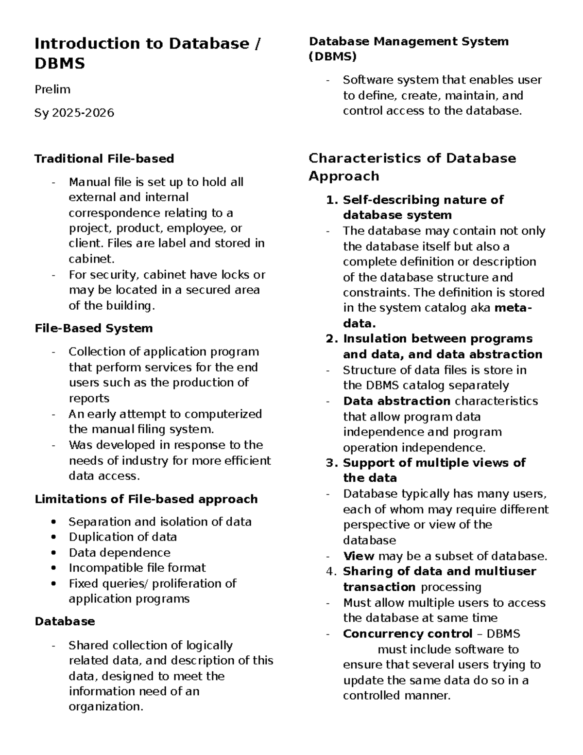Introduction to Database Systems DBMS Prelim Study Notes - Studocu