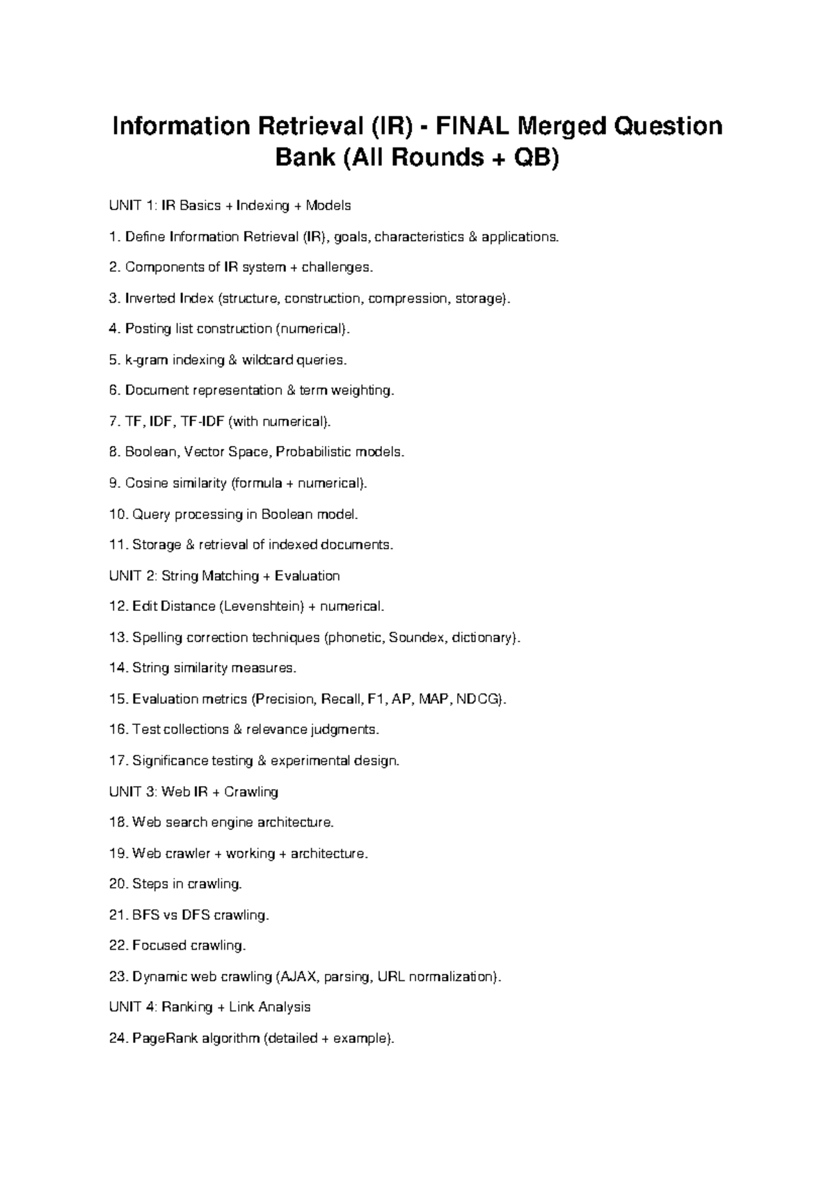 IR FINAL Merged Question Bank: Comprehensive Guide to Information ...