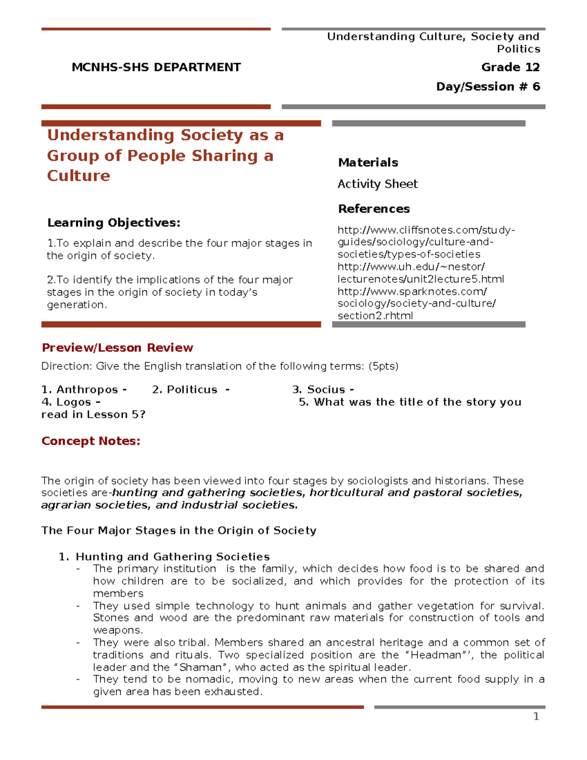 UCSP Grade 12 Lesson 6: Understanding Society & Culture - Studocu