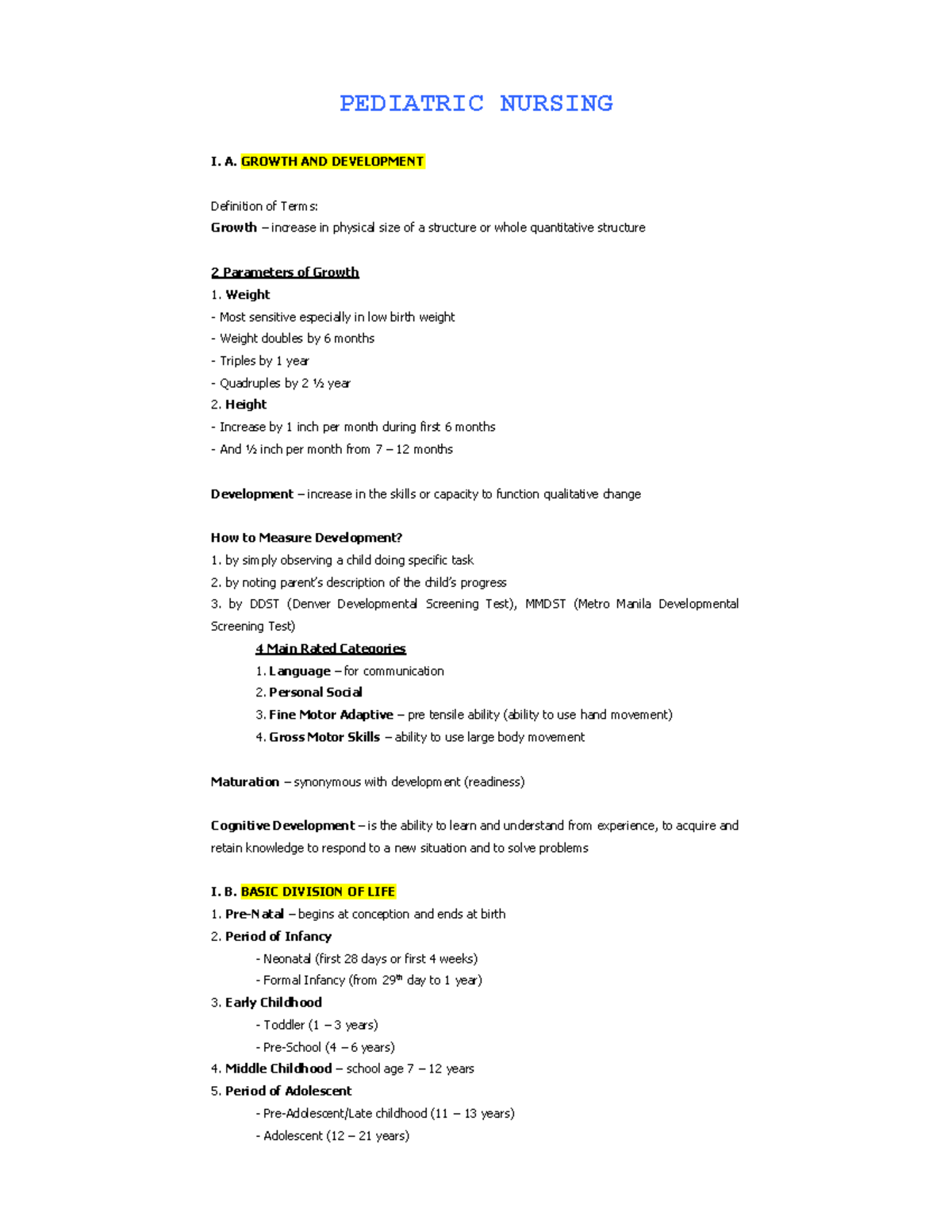 PEDIA 101: Growth and Development in Pediatric Nursing Notes - Studocu