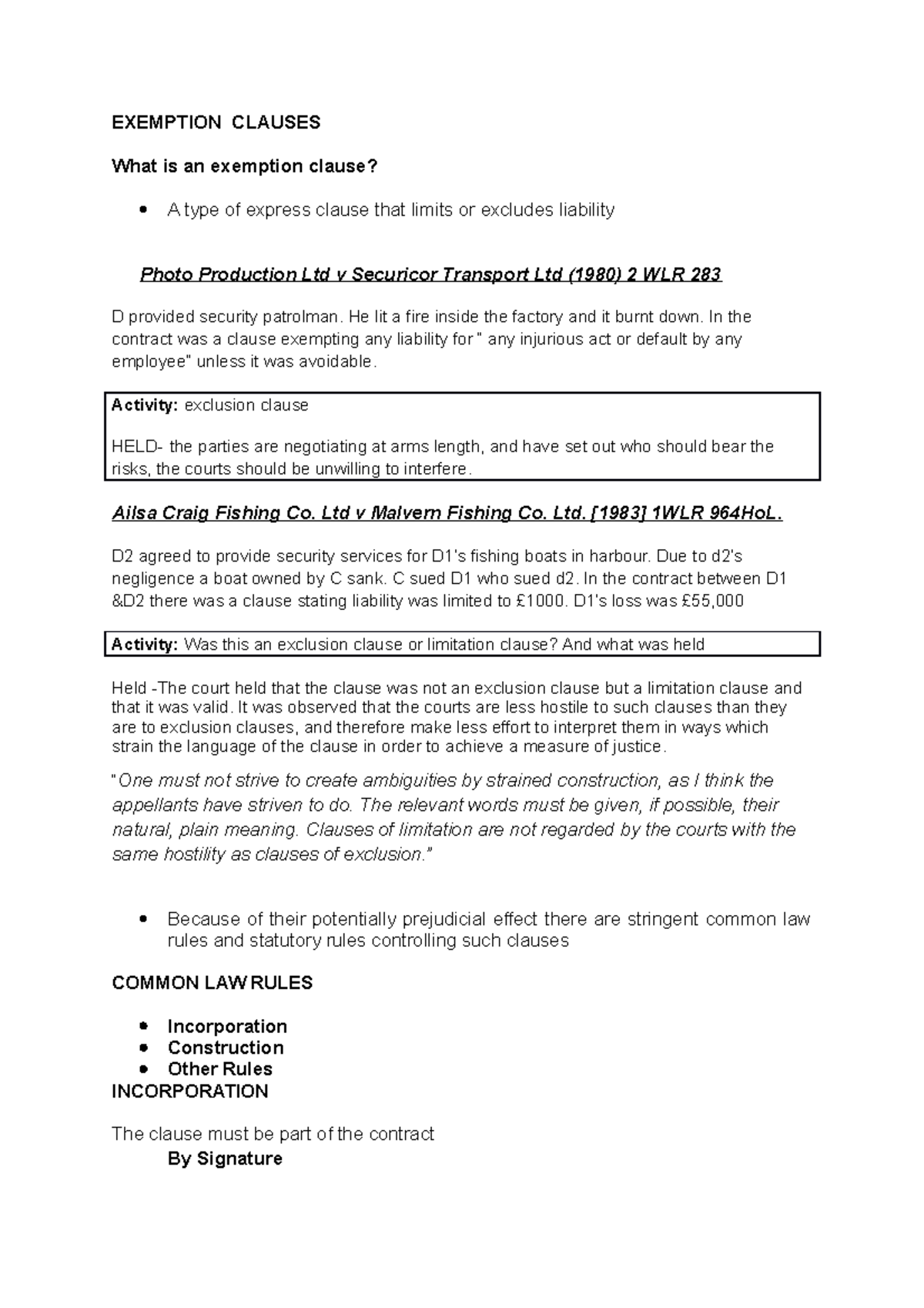 Exemption Clauses - Lecture notes 10 - EXEMPTION CLAUSES What is an ...