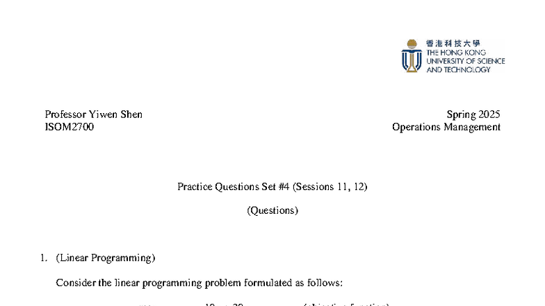 ISOM2700 Spring 2025 Operations Management Practice Questions Set 4 ...
