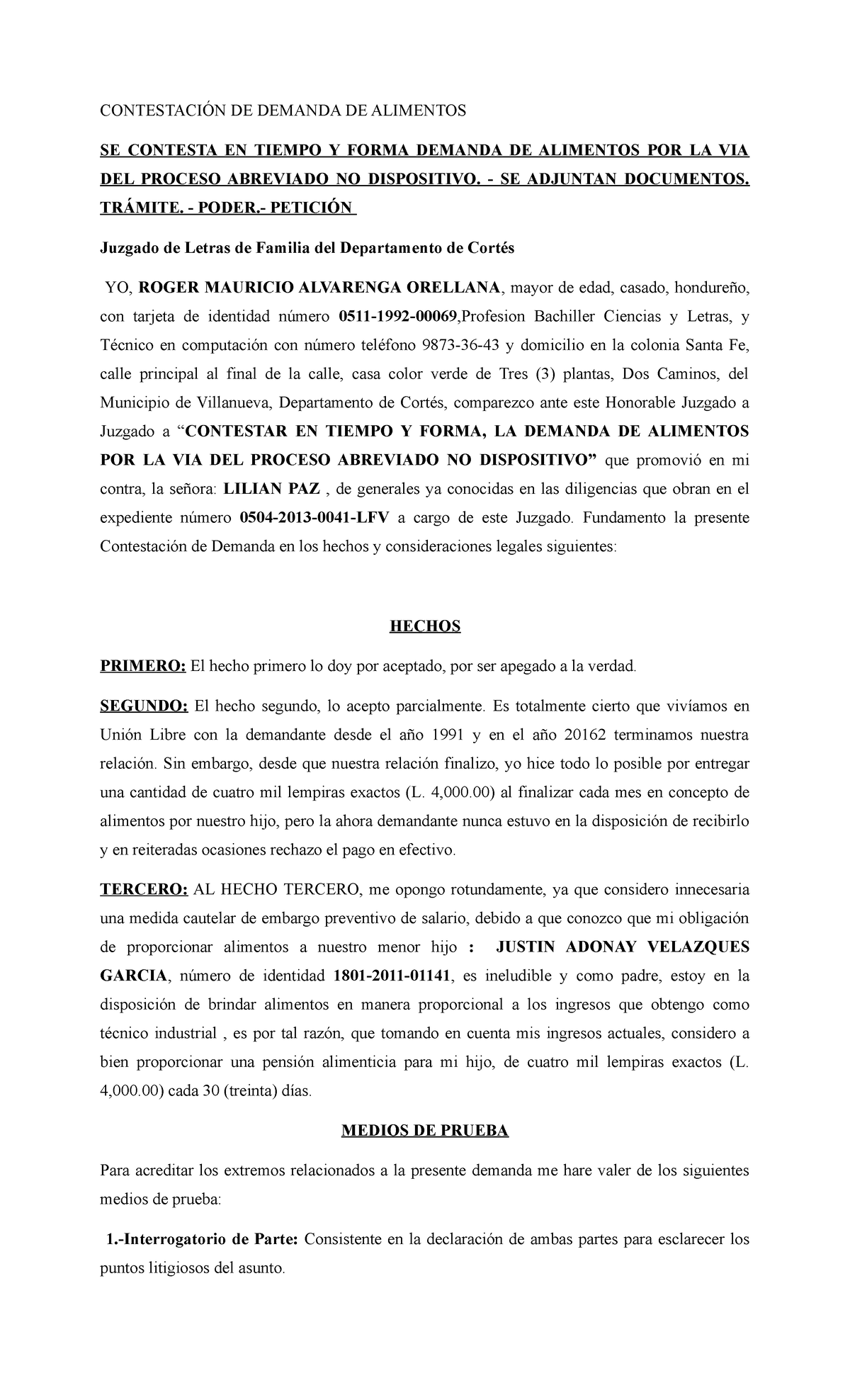Contestación de Demanda de Alimentos - Proceso Abreviado No Dispositivo - Document Preview