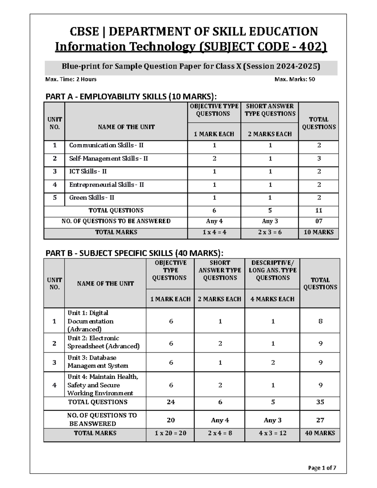 CBSE IT (SUBJECT CODE 402) Sample Question Paper for Class X - Studocu