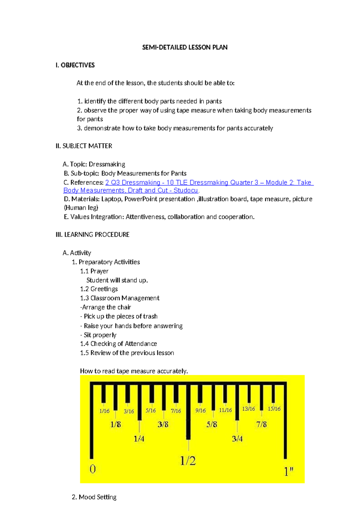 SEMI-DETAILED LESSON PLAN: Body Measurements for Pants (BTLE-HE IV ...