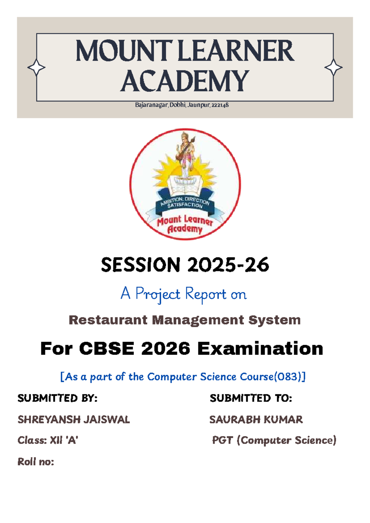 Project Report on Restaurant Management System for CBSE 2026 - Studocu