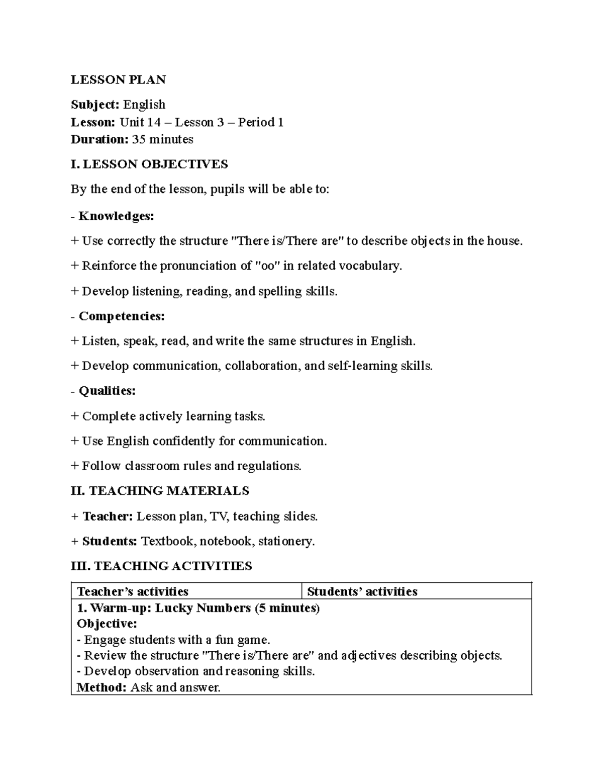 Lesson PLAN lesson 3 period 1 - LESSON PLAN Subject: English Lesson ...