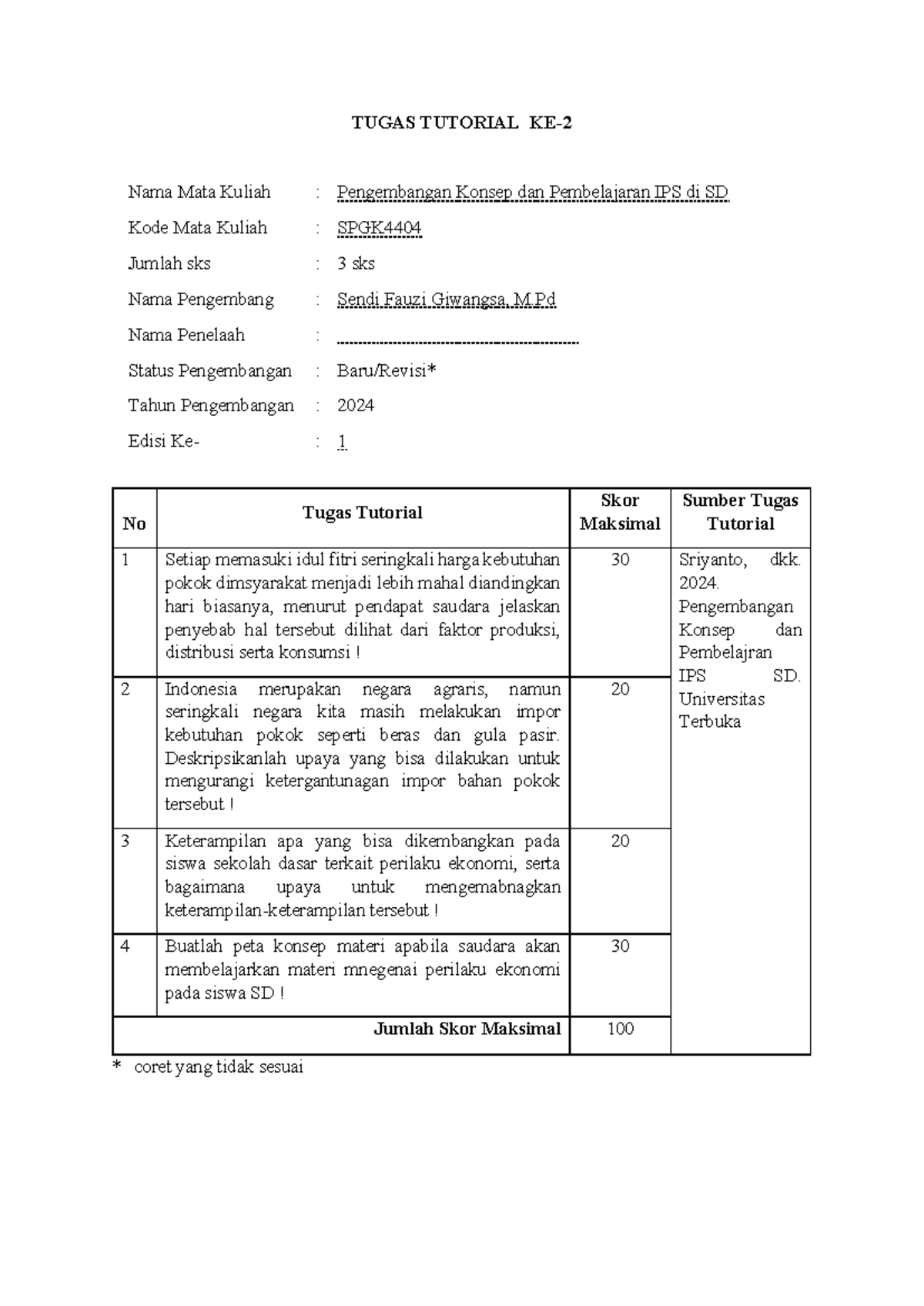 TUGAS TUTORIAL KE 2 - SPGK4404: Pengembangan IPS di SD - Document Preview