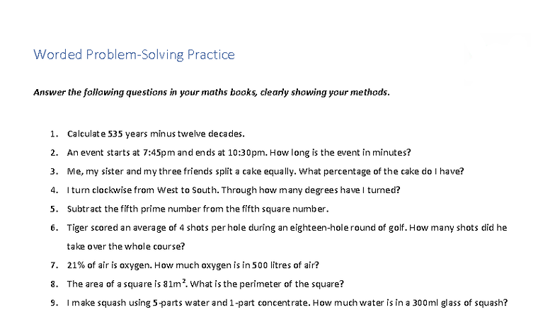 Worded Problem Practice: Maths Homework Questions (2021) - Studocu