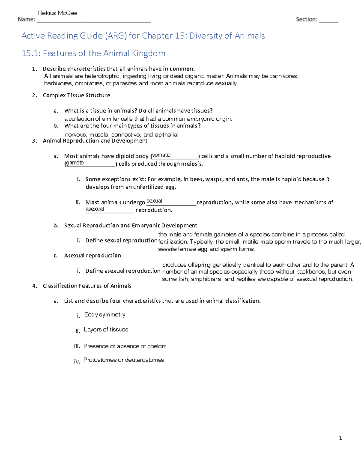 Active Reading Guide (ARG) for Chapter 15: Diversity of Animals - Studocu