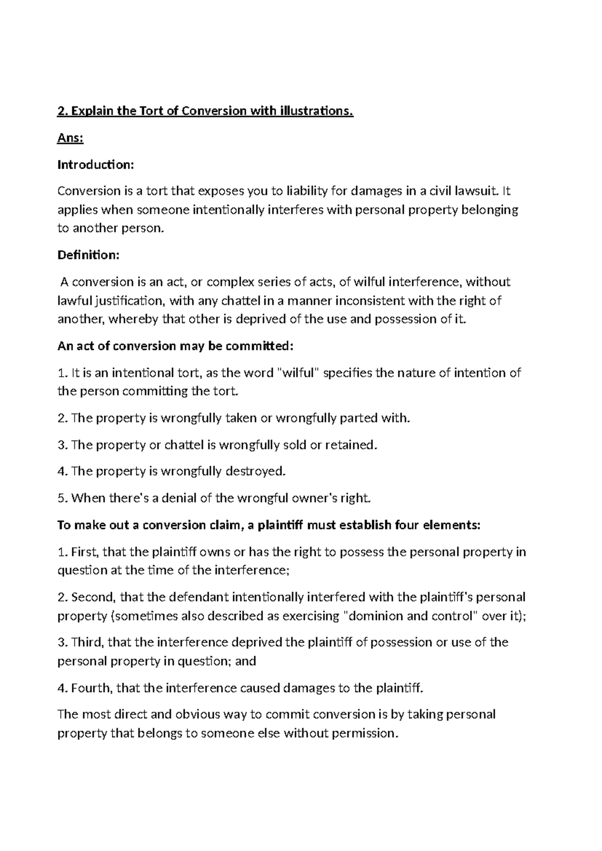 Tort Law Notes: Understanding Conversion and Defamation (LAW 101) - Studocu
