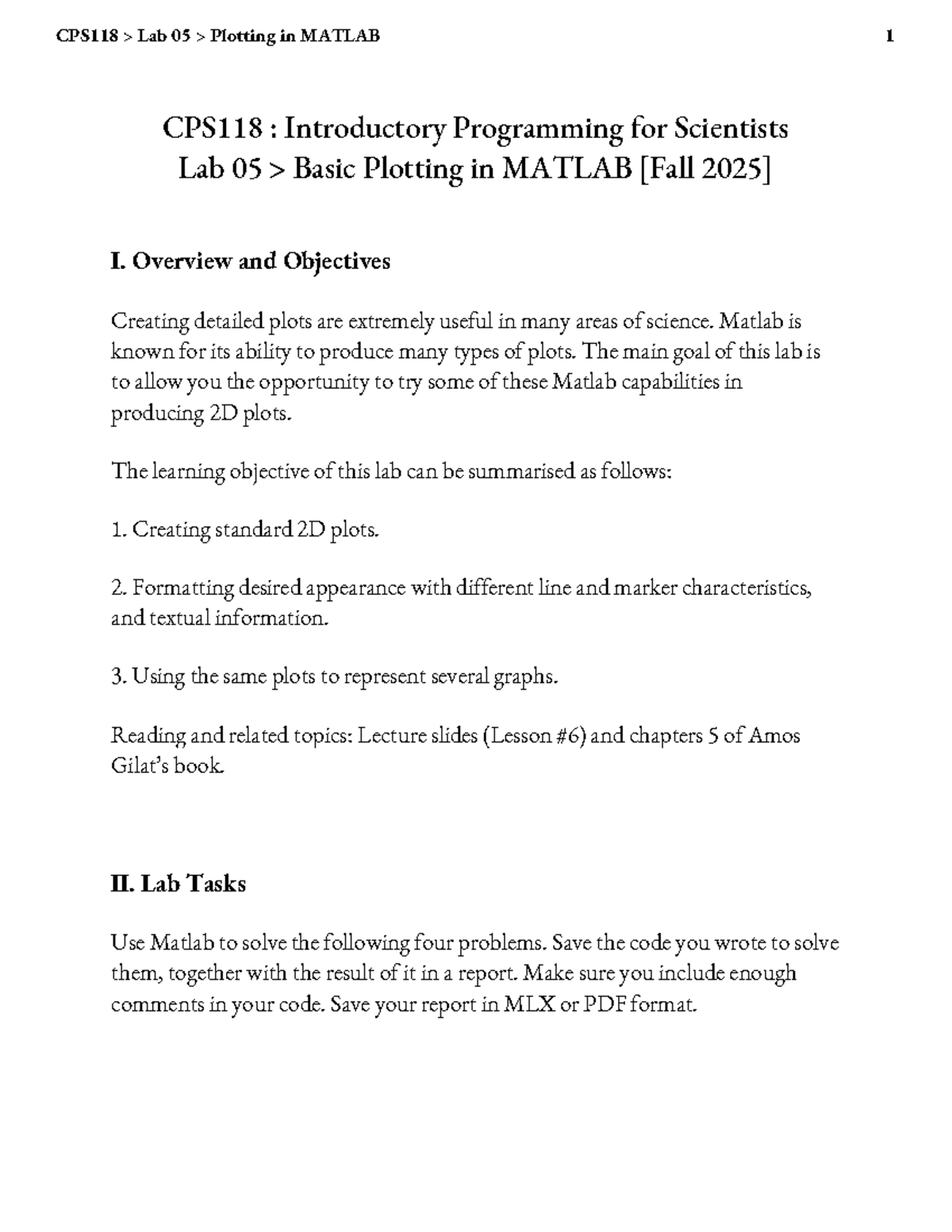 CPS118 Lab 05: Basic Plotting Techniques in MATLAB - Studocu