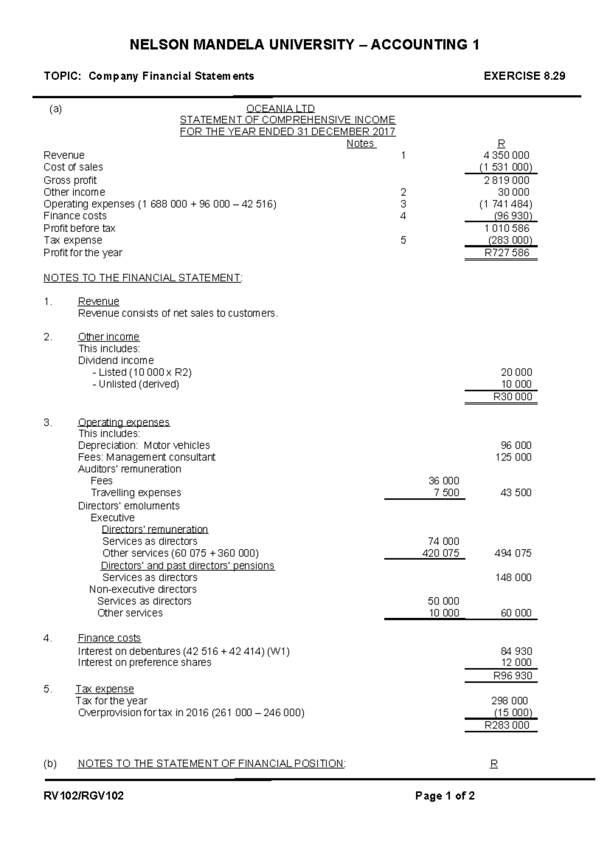 Accounting 1: Company Financial Statements - OCEANIA LTD (Exercise 8.29 ...