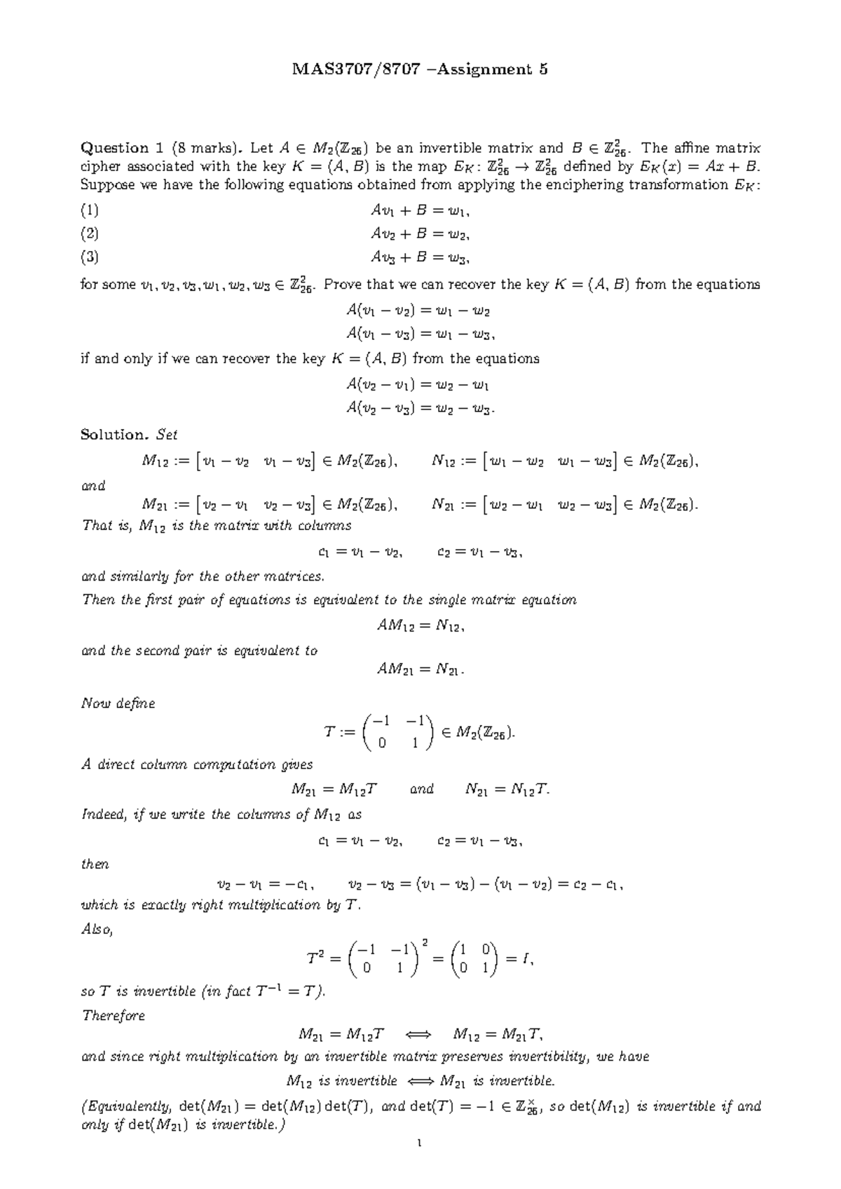 3707 Assignment 5 - Solutions to Affine Matrix Cipher Proofs - Studocu