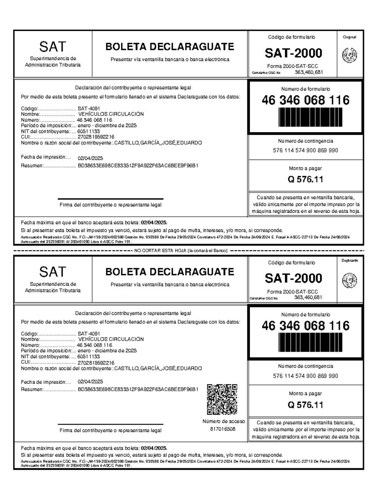 Boleta Impuesto Circulación 2025 - Declaraguate SAT Formulario - Studocu