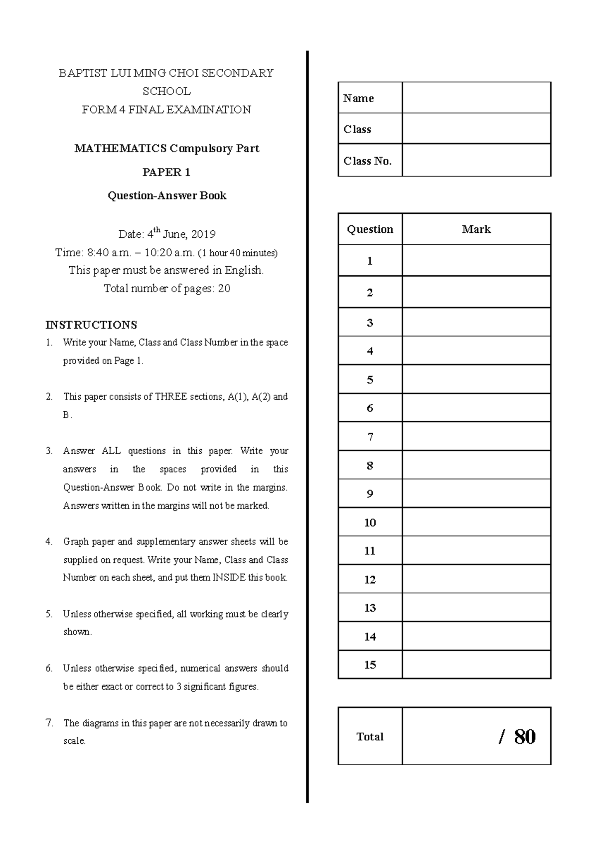 2018-19 F4 Math Final Exam Paper 1 Questions and Answers - Studocu
